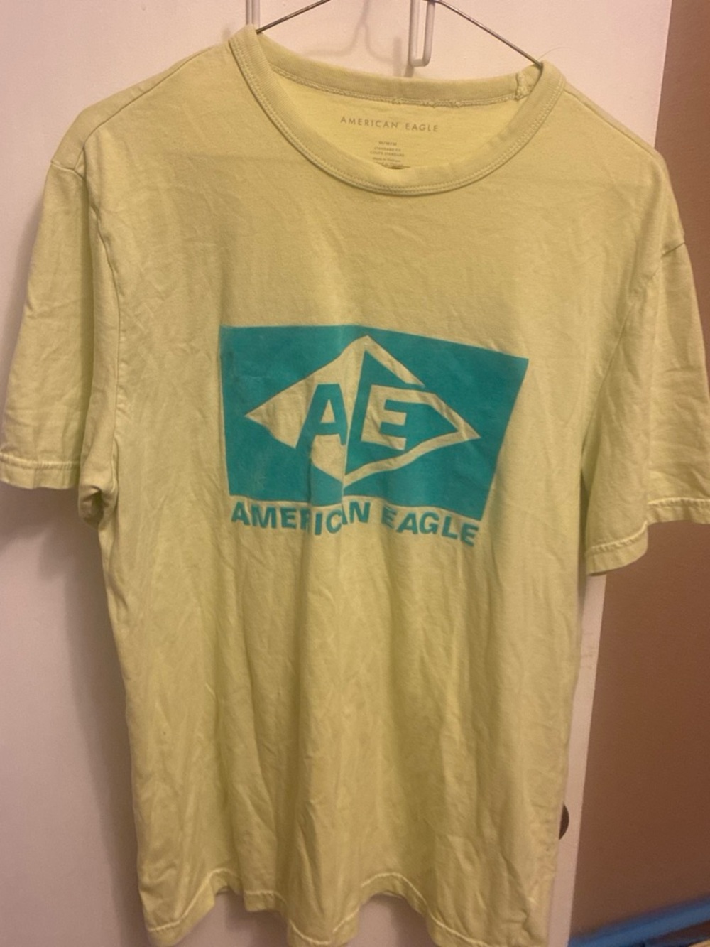 American Eagle Outfitters Pale Yellow Tee with Teal Graphic